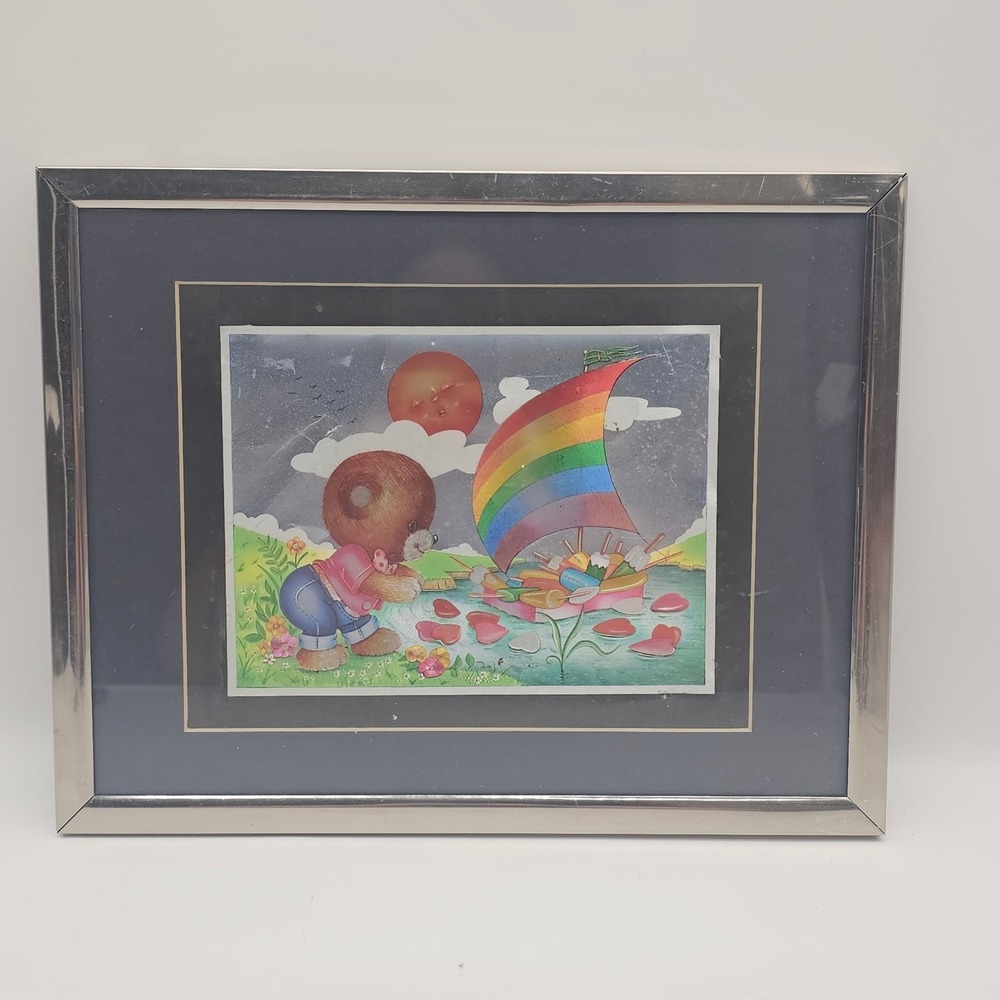 Framed Dufex Foil Art Print Teddy Bear Sailboat Rainbow Sun Retro